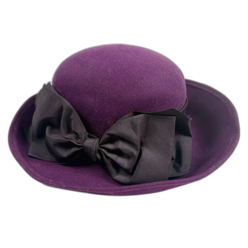 Vintage Bollman Hat Co Purple Wool Doeskin Felt Hat Black Bow Made USA